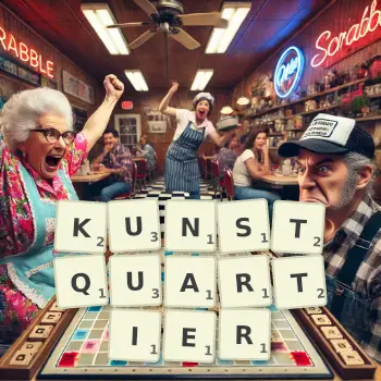 Kreative Illustration für ein Scrabble-Spiel, bei dem das Wort KUNSTQUARTIER mit Steinen auf dem Brett gelegt wurde.
