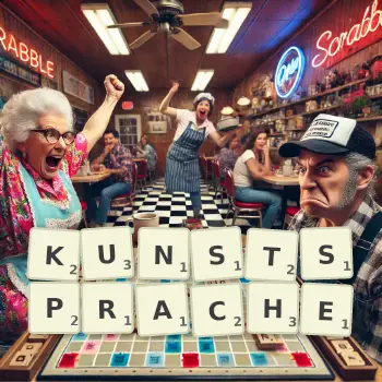 Kreative Illustration für ein Scrabble-Spiel, bei dem das Wort KUNSTSPRACHE mit Steinen auf dem Brett gelegt wurde.