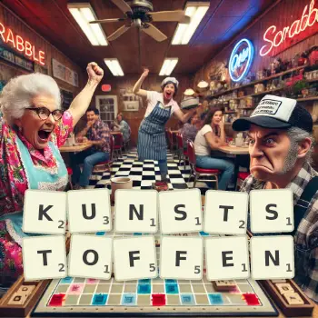 Kreative Illustration für ein Scrabble-Spiel, bei dem das Wort KUNSTSTOFFEN mit Steinen auf dem Brett gelegt wurde.