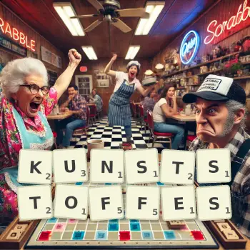 Kreative Illustration für ein Scrabble-Spiel, bei dem das Wort KUNSTSTOFFES mit Steinen auf dem Brett gelegt wurde.