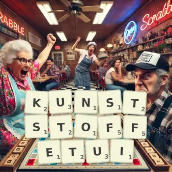 Kreative Illustration für ein Scrabble-Spiel, bei dem das Wort KUNSTSTOFFETUI mit Steinen auf dem Brett gelegt wurde.