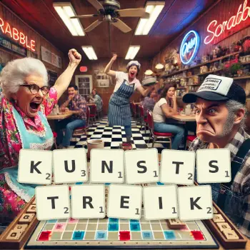 Kreative Illustration für ein Scrabble-Spiel, bei dem das Wort KUNSTSTREIK mit Steinen auf dem Brett gelegt wurde.