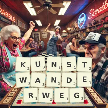 Kreative Illustration für ein Scrabble-Spiel, bei dem das Wort KUNSTWANDERWEG mit Steinen auf dem Brett gelegt wurde.