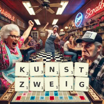 Kreative Illustration für ein Scrabble-Spiel, bei dem das Wort KUNSTZWEIG mit Steinen auf dem Brett gelegt wurde.