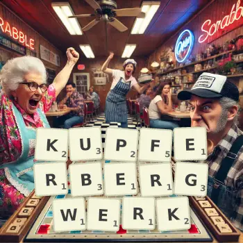 Kreative Illustration für ein Scrabble-Spiel, bei dem das Wort KUPFERBERGWERK mit Steinen auf dem Brett gelegt wurde.