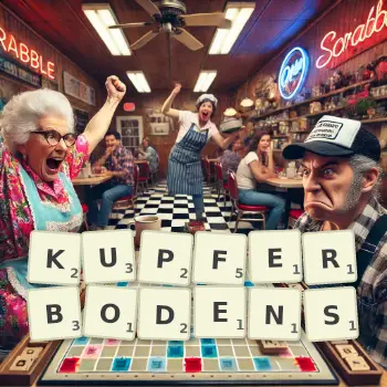 Kreative Illustration für ein Scrabble-Spiel, bei dem das Wort KUPFERBODENS mit Steinen auf dem Brett gelegt wurde.