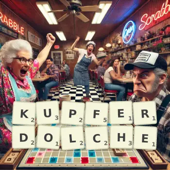 Kreative Illustration für ein Scrabble-Spiel, bei dem das Wort KUPFERDOLCHE mit Steinen auf dem Brett gelegt wurde.