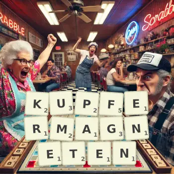 Kreative Illustration für ein Scrabble-Spiel, bei dem das Wort KUPFERMAGNETEN mit Steinen auf dem Brett gelegt wurde.