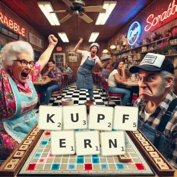 Kreative Illustration für ein Scrabble-Spiel, bei dem das Wort KUPFERN mit Steinen auf dem Brett gelegt wurde.