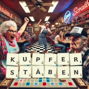 Kreative Illustration für ein Scrabble-Spiel, bei dem das Wort KUPFERSTÄBEN mit Steinen auf dem Brett gelegt wurde.