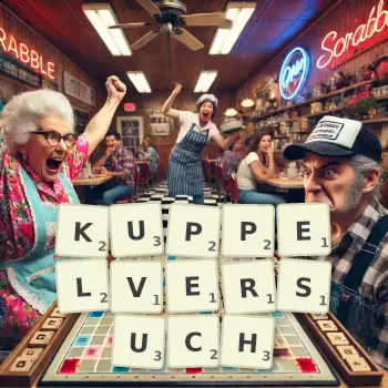 Kreative Illustration für ein Scrabble-Spiel, bei dem das Wort KUPPELVERSUCH mit Steinen auf dem Brett gelegt wurde.