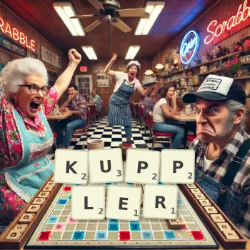 Kreative Illustration für ein Scrabble-Spiel, bei dem das Wort KUPPLER mit Steinen auf dem Brett gelegt wurde.