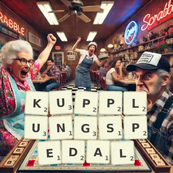 Kreative Illustration für ein Scrabble-Spiel, bei dem das Wort KUPPLUNGSPEDAL mit Steinen auf dem Brett gelegt wurde.