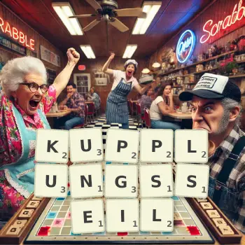 Kreative Illustration für ein Scrabble-Spiel, bei dem das Wort KUPPLUNGSSEIL mit Steinen auf dem Brett gelegt wurde.