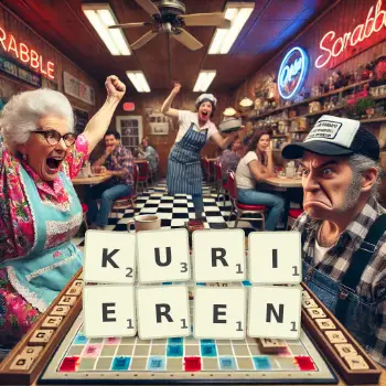 Kreative Illustration für ein Scrabble-Spiel, bei dem das Wort KURIEREN mit Steinen auf dem Brett gelegt wurde.