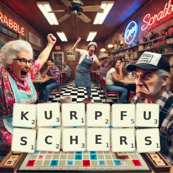Kreative Illustration für ein Scrabble-Spiel, bei dem das Wort KURPFUSCHERS mit Steinen auf dem Brett gelegt wurde.