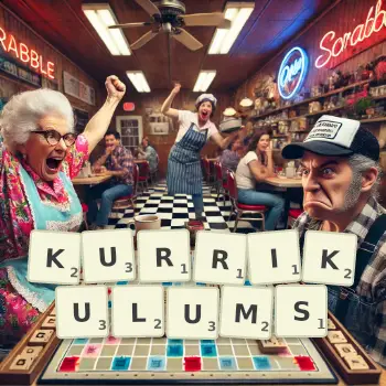 Kreative Illustration für ein Scrabble-Spiel, bei dem das Wort KURRIKULUMS mit Steinen auf dem Brett gelegt wurde.