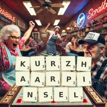 Kreative Illustration für ein Scrabble-Spiel, bei dem das Wort KURZHAARPINSEL mit Steinen auf dem Brett gelegt wurde.