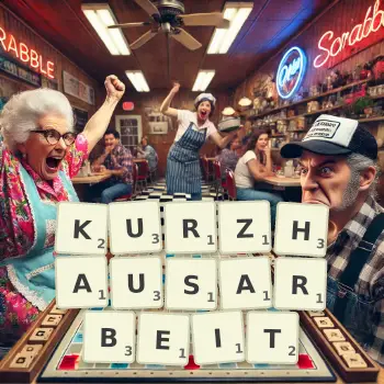 Kreative Illustration für ein Scrabble-Spiel, bei dem das Wort KURZHAUSARBEIT mit Steinen auf dem Brett gelegt wurde.