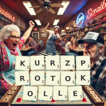 Kreative Illustration für ein Scrabble-Spiel, bei dem das Wort KURZPROTOKOLLE mit Steinen auf dem Brett gelegt wurde.