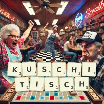 Kreative Illustration für ein Scrabble-Spiel, bei dem das Wort KUSCHITISCH mit Steinen auf dem Brett gelegt wurde.