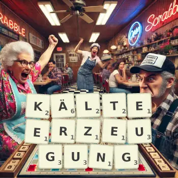 Kreative Illustration für ein Scrabble-Spiel, bei dem das Wort KÄLTEERZEUGUNG mit Steinen auf dem Brett gelegt wurde.