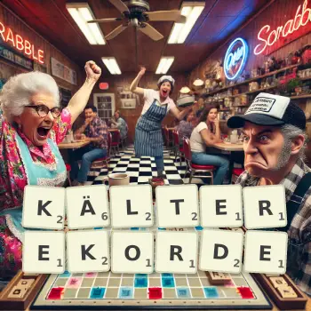 Kreative Illustration für ein Scrabble-Spiel, bei dem das Wort KÄLTEREKORDE mit Steinen auf dem Brett gelegt wurde.