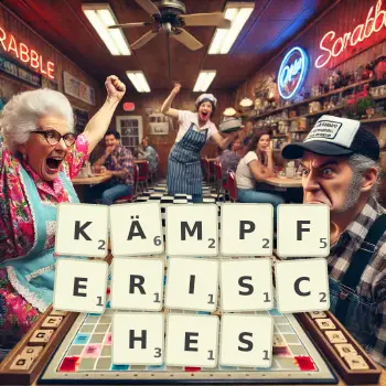 Kreative Illustration für ein Scrabble-Spiel, bei dem das Wort KÄMPFERISCHES mit Steinen auf dem Brett gelegt wurde.