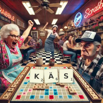 Kreative Illustration für ein Scrabble-Spiel, bei dem das Wort KÄS mit Steinen auf dem Brett gelegt wurde.