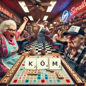 Kreative Illustration für ein Scrabble-Spiel, bei dem das Wort KÖM mit Steinen auf dem Brett gelegt wurde.