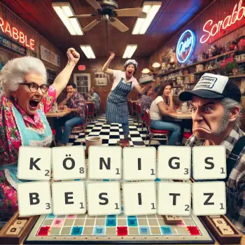 Kreative Illustration für ein Scrabble-Spiel, bei dem das Wort KÖNIGSBESITZ mit Steinen auf dem Brett gelegt wurde.