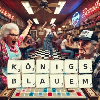 Kreative Illustration für ein Scrabble-Spiel, bei dem das Wort KÖNIGSBLAUEM mit Steinen auf dem Brett gelegt wurde.