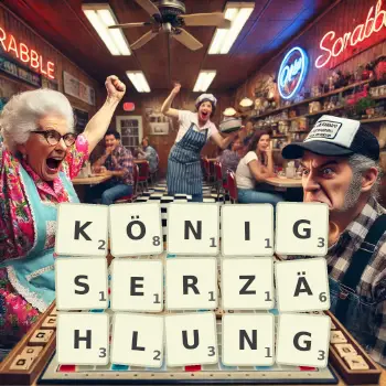 Kreative Illustration für ein Scrabble-Spiel, bei dem das Wort KÖNIGSERZÄHLUNG mit Steinen auf dem Brett gelegt wurde.
