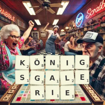 Kreative Illustration für ein Scrabble-Spiel, bei dem das Wort KÖNIGSGALERIE mit Steinen auf dem Brett gelegt wurde.