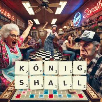 Kreative Illustration für ein Scrabble-Spiel, bei dem das Wort KÖNIGSHALL mit Steinen auf dem Brett gelegt wurde.