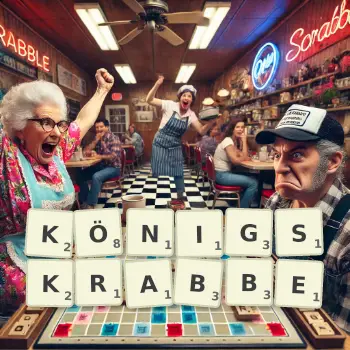 Kreative Illustration für ein Scrabble-Spiel, bei dem das Wort KÖNIGSKRABBE mit Steinen auf dem Brett gelegt wurde.