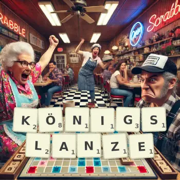 Kreative Illustration für ein Scrabble-Spiel, bei dem das Wort KÖNIGSLANZE mit Steinen auf dem Brett gelegt wurde.