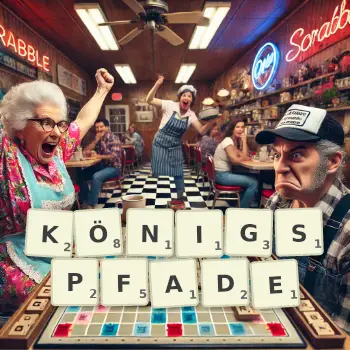 Kreative Illustration für ein Scrabble-Spiel, bei dem das Wort KÖNIGSPFADE mit Steinen auf dem Brett gelegt wurde.