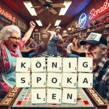 Kreative Illustration für ein Scrabble-Spiel, bei dem das Wort KÖNIGSPOKALEN mit Steinen auf dem Brett gelegt wurde.