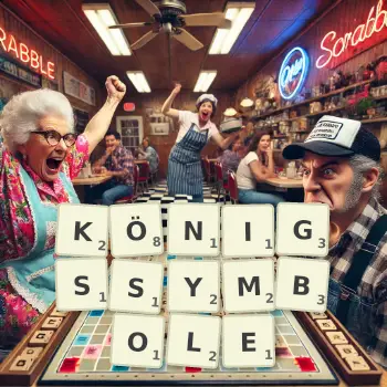 Kreative Illustration für ein Scrabble-Spiel, bei dem das Wort KÖNIGSSYMBOLE mit Steinen auf dem Brett gelegt wurde.