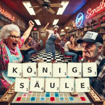 Kreative Illustration für ein Scrabble-Spiel, bei dem das Wort KÖNIGSSÄULE mit Steinen auf dem Brett gelegt wurde.