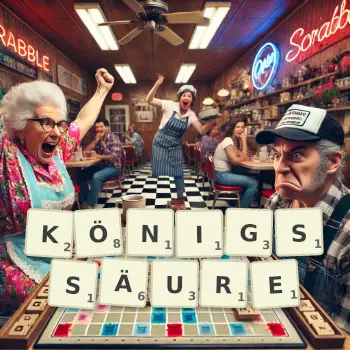 Kreative Illustration für ein Scrabble-Spiel, bei dem das Wort KÖNIGSSÄURE mit Steinen auf dem Brett gelegt wurde.