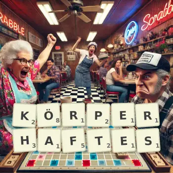 Kreative Illustration für ein Scrabble-Spiel, bei dem das Wort KÖRPERHAFTES mit Steinen auf dem Brett gelegt wurde.