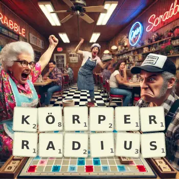 Kreative Illustration für ein Scrabble-Spiel, bei dem das Wort KÖRPERRADIUS mit Steinen auf dem Brett gelegt wurde.