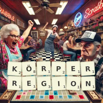 Kreative Illustration für ein Scrabble-Spiel, bei dem das Wort KÖRPERREGION mit Steinen auf dem Brett gelegt wurde.