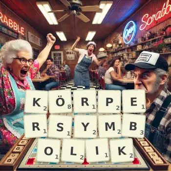 Kreative Illustration für ein Scrabble-Spiel, bei dem das Wort KÖRPERSYMBOLIK mit Steinen auf dem Brett gelegt wurde.