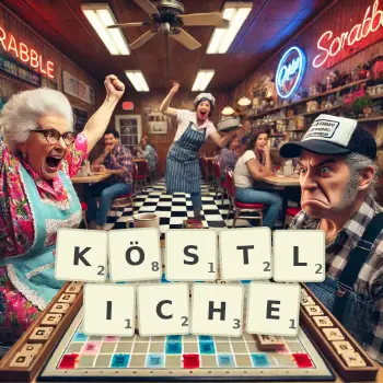 Kreative Illustration für ein Scrabble-Spiel, bei dem das Wort KÖSTLICHE mit Steinen auf dem Brett gelegt wurde.