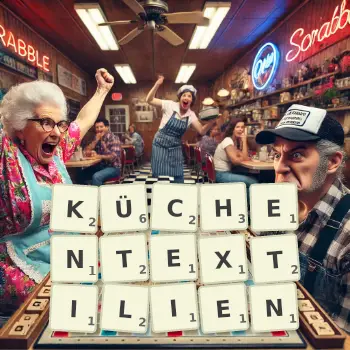Kreative Illustration für ein Scrabble-Spiel, bei dem das Wort KÜCHENTEXTILIEN mit Steinen auf dem Brett gelegt wurde.