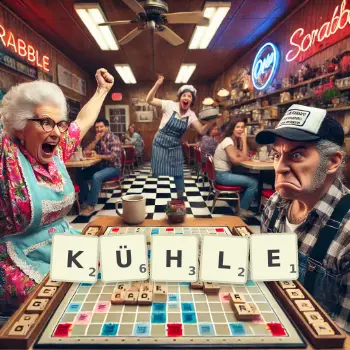 Kreative Illustration für ein Scrabble-Spiel, bei dem das Wort KÜHLE mit Steinen auf dem Brett gelegt wurde.