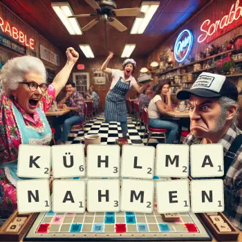 Kreative Illustration für ein Scrabble-Spiel, bei dem das Wort KÜHLMANAHMEN mit Steinen auf dem Brett gelegt wurde.